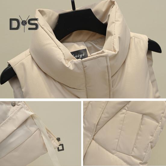 Women Fall Winter Vest Coat Thickened Padded Solid Color Sleeveless Cardigan Zipper Closure Stand Collar Pockets Windproof Warm Women Plus Size