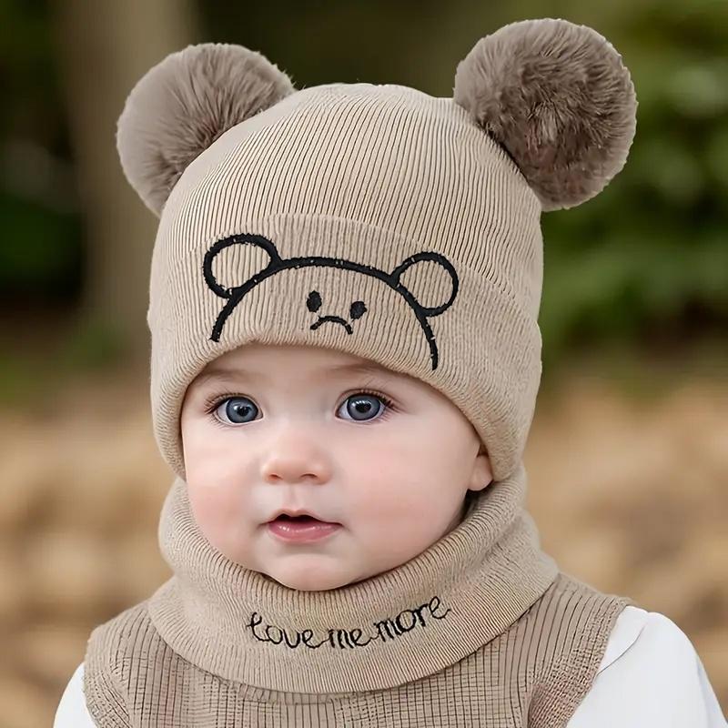 2pcs Winter Baby Hat Scarf Set Toddler Girl Boy Cap Knitted Beanie Fur Ball Cartoon Bear Snow Outfit Infant Accessories