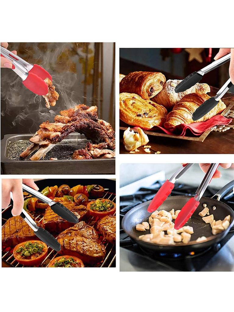 7.8Inch Silicone BBQ Grilling Tong Stainless Steel Food Clip Non-slip Cooking Clip Salad Bread Serving Tools Kitchen Accessories