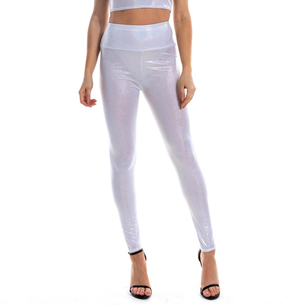 Kadın Parlak Metalik Tayt Seksi Yüksek Bel Elastik Skinny Pantolon Disko Pantolonu