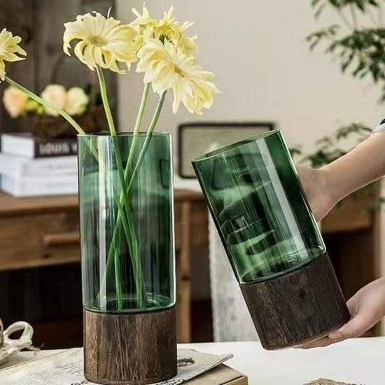 Nordic Light Luxury Crystal White Glass Vase with Wooden Holder for Fresh Flowers - Living Room Decor