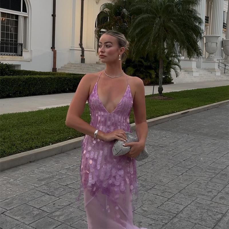 Seksowna Sukienka Party z Siatki z Cekinami Kobiety Patchwork Sling Dekolt V Bez Pleców Długie Sukienki 2025 Wiosna Lato Pani Wąska Sukienka Bez Rękawów