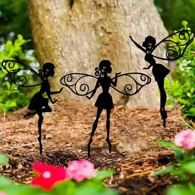 3 Pcs Metal Flower Fairy Silhouette Garden Landmarks Decorative Fairy Sculptures for Country Gardens Outdoor Patio Lawn Art