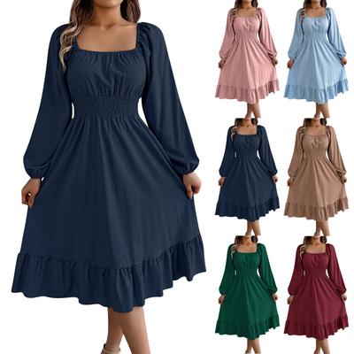 Women's Fashion Retro Solid Color Long Sleeve Waist A-Line Skirt Square Neck Pullover Dress