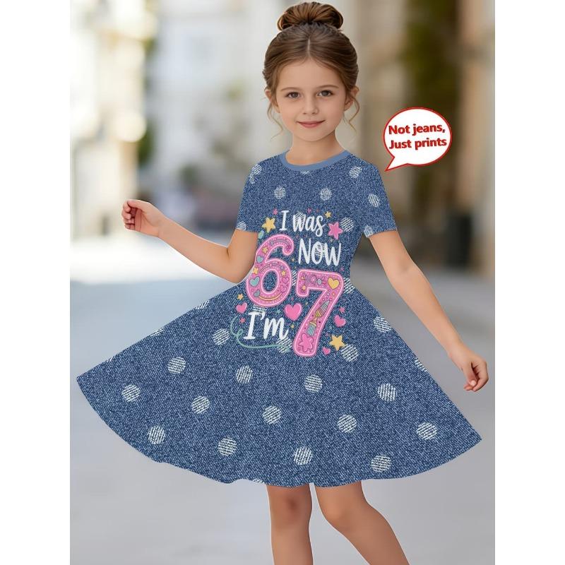 Dress for Girls Fashion Cowboy Print Fake Two-Piece Set Short Sleeve Summer Dresses Casual Round Neck A-Line Dress Girl Clothes
