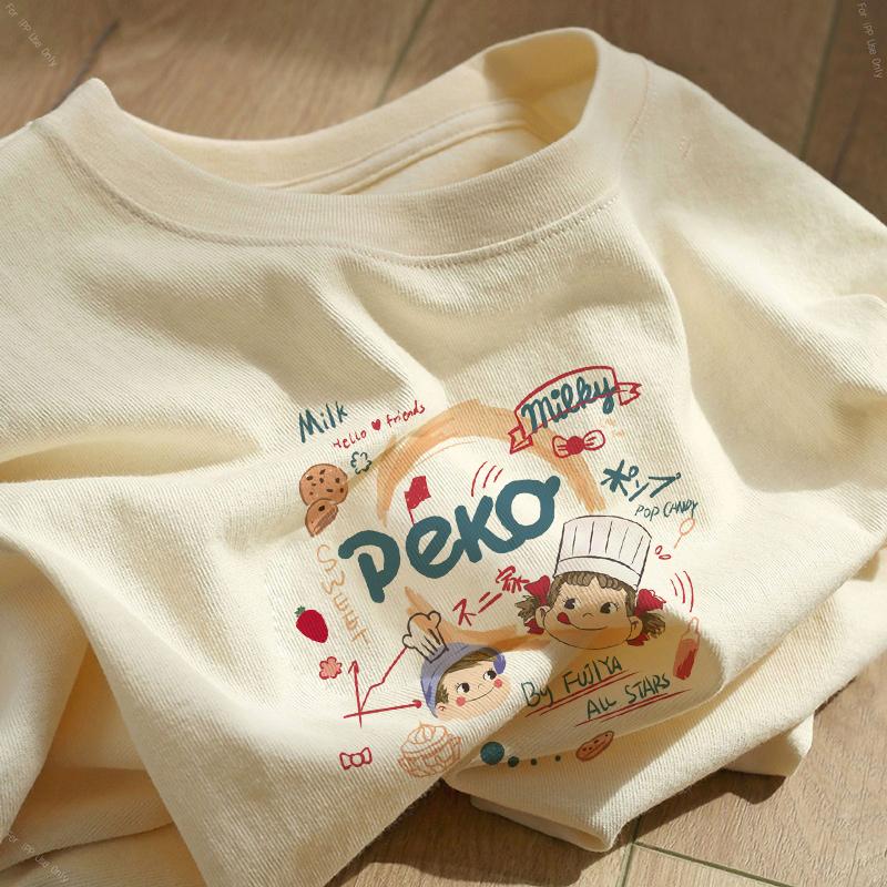 Heavy cotton cartoon print short-sleeved t-shirt women's 2025 new summer loose large size white crew neck top