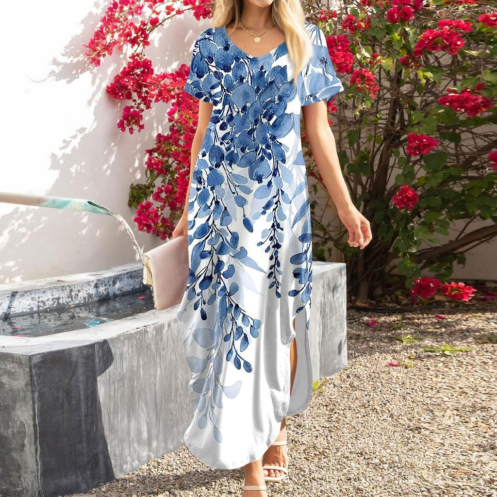 Dámské letní šaty s volným výstřihem do V, krátkým rukávem, plážové maxi dlouhé šaty Trendy outfity