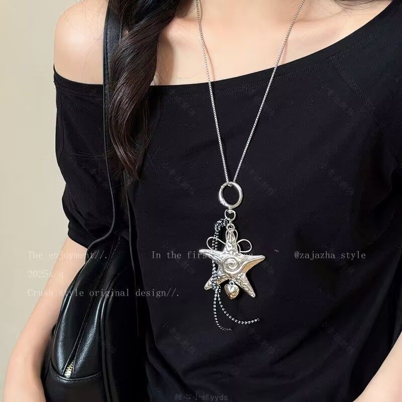Silver Simple and Old Retro Starfish Pendant Necklace Women's Seaside Vacation Style High-end Long Sweater Chain Accessories
