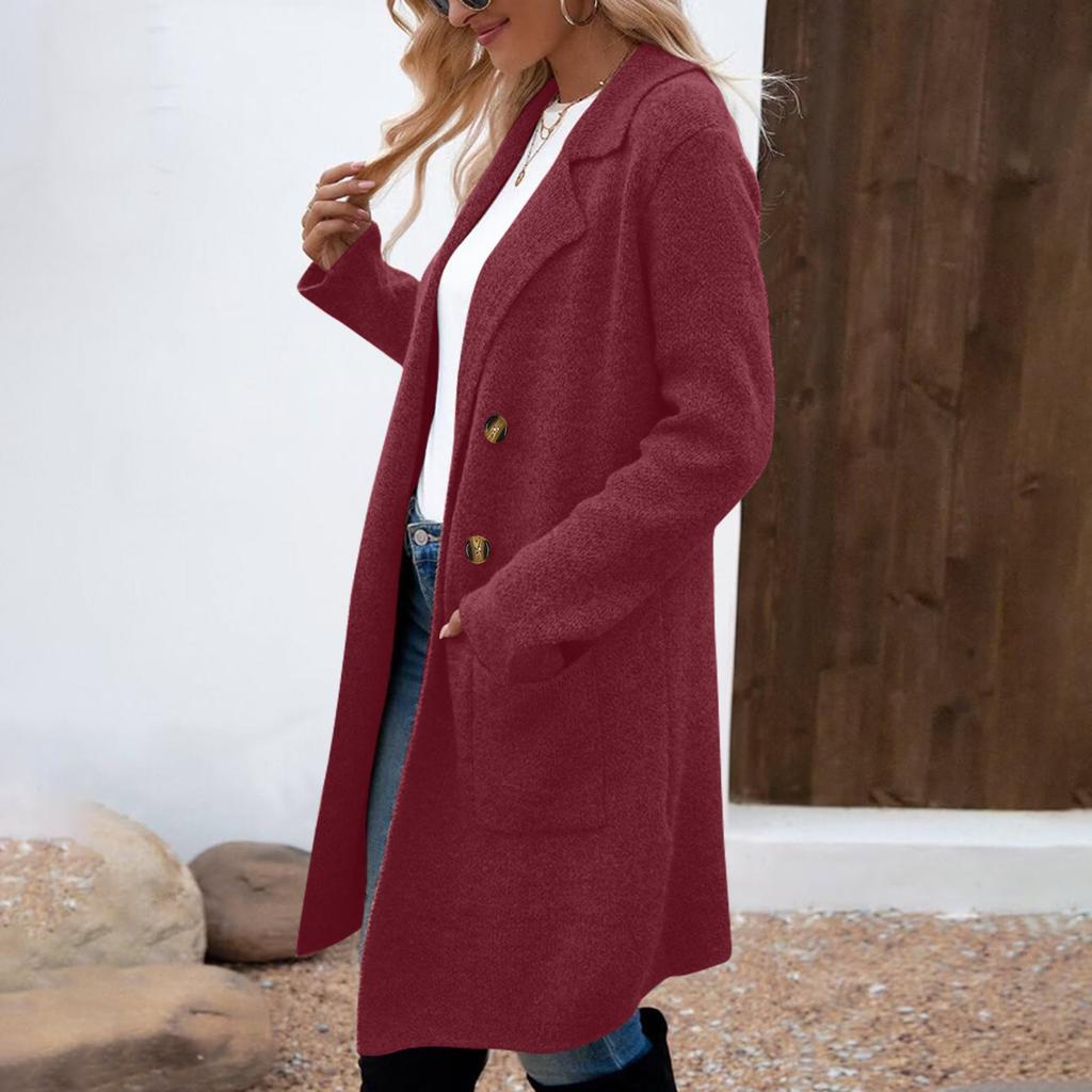 Women's Lapel Long Sleeve Mid-Length Woolen Coat Loose Fit Casual Fall Winter Blazer Jacket