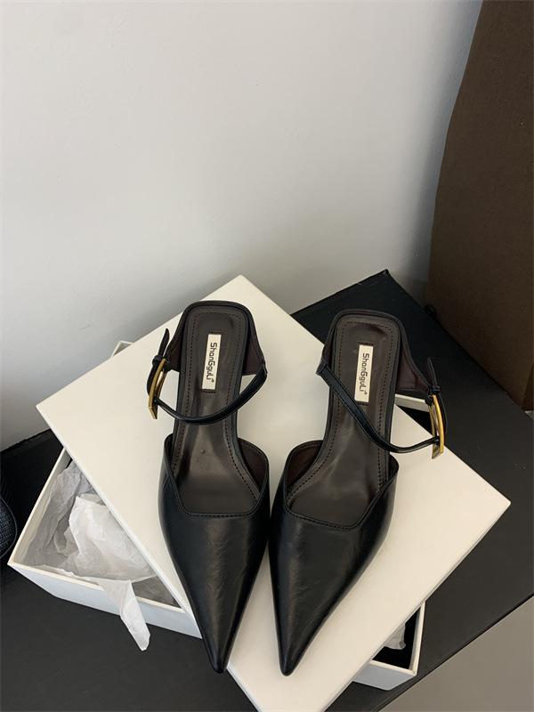 2025 spring and autumn new temperament pointed high heels women's one-word buckle with sandals thin heel bag head women's shoes