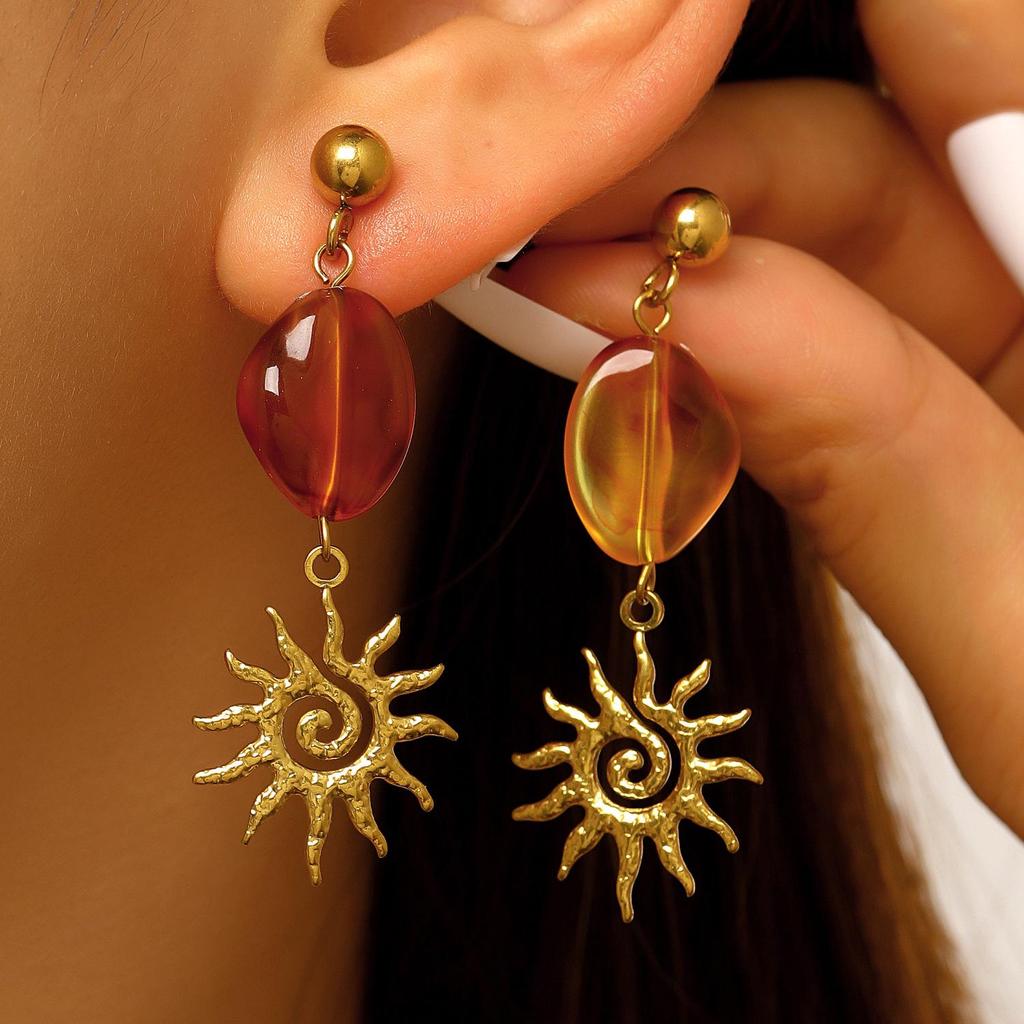 Vintage European Gold Sun Face Pendant Earrings with Amber Glass Tassel