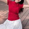 American Vintage Red Polka Dot Short Sleeve T-Shirt Women's Summer Slim Skinny Bow Straps Spice Girl Front Shoulder Top