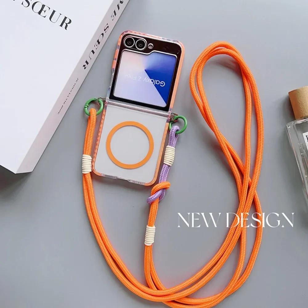 

Прозрачный Магнитный Чехол-Кроссбоди на Шнурке Magsafe для Samsung Galaxy Z Flip 6 5 4 3 Flip6 Flip5 Flip4 Flip3 5G For Samsung Galaxy Z Flip 5 оранжевый