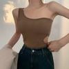 Camisoles pour femmes, couleur unie, asymétrique épaule dénudée, chemise à Base rembourrée, débardeur sans manches, pull léger, haut court