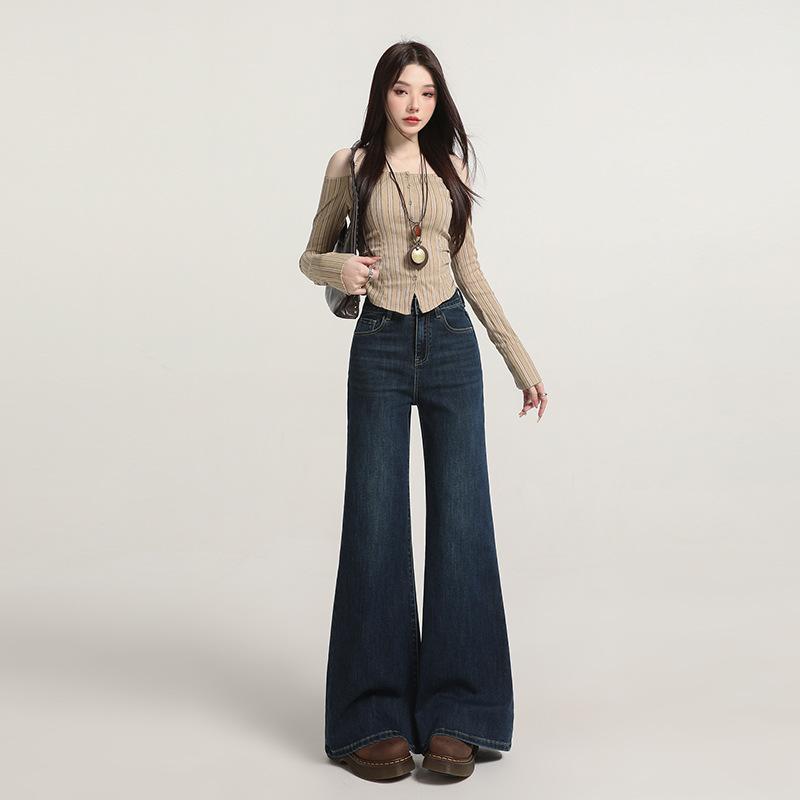 White non-stick leg slightly pulled jeans women's spring and summer new high-waisted loose and thin wide-leg flared pants