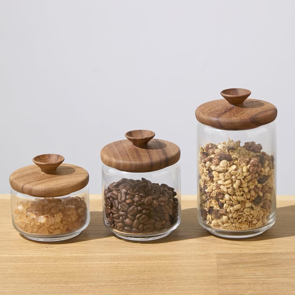 ChaBatree HIS Sprout Jar, Small, 0.35L, Glass Storage Container with Acacia Wood Lid and Gasket