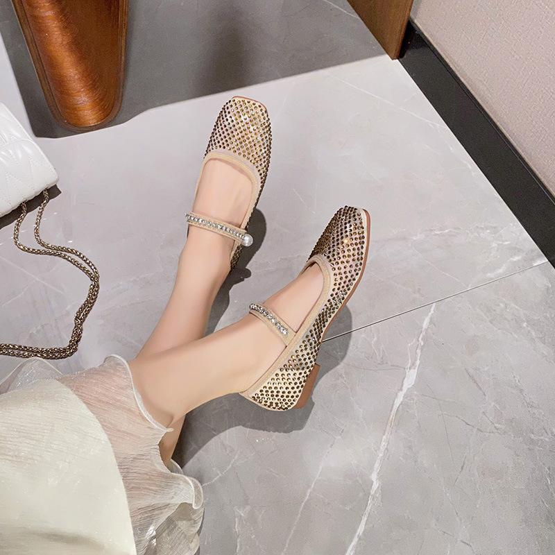 Modna Marka Siateczka Crystal zdobione płaskie buty damskie brokatowe baleriny kwadratowy nosek perłowe nity koronkowe buty mary jane duży rozmiar 43