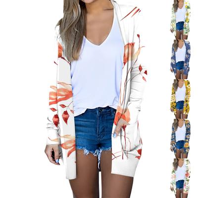 Moda feminina casual floral estampa manga comprida midi cardigan jaqueta tops