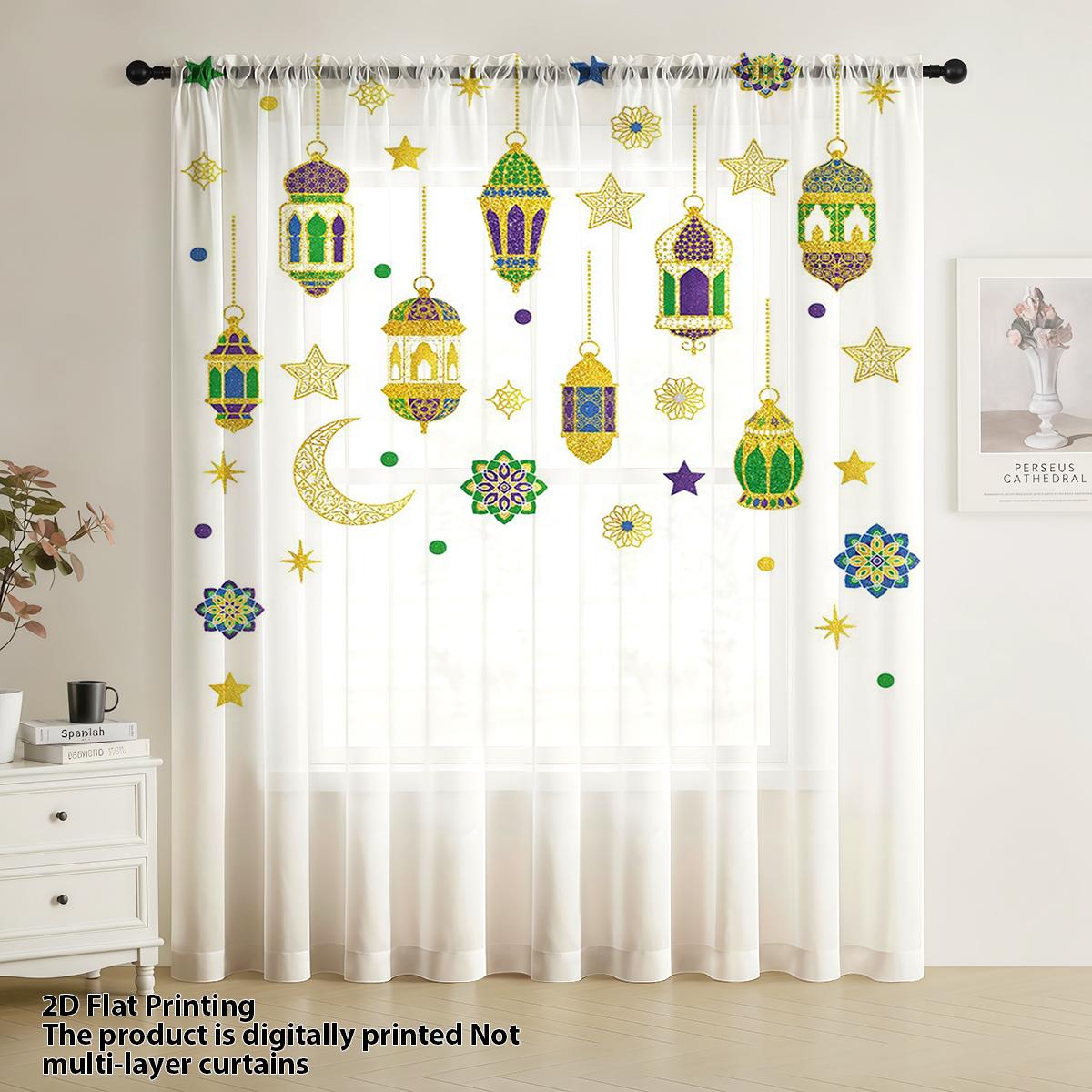 

Single Panel Colorful Star Light Window Curtain Ramadan Festival Decorative Pole Living Room Bedroom Celebration Atmosphere Polyester Ideal For Great W100*H70(CM)-Grommet top&2PCS