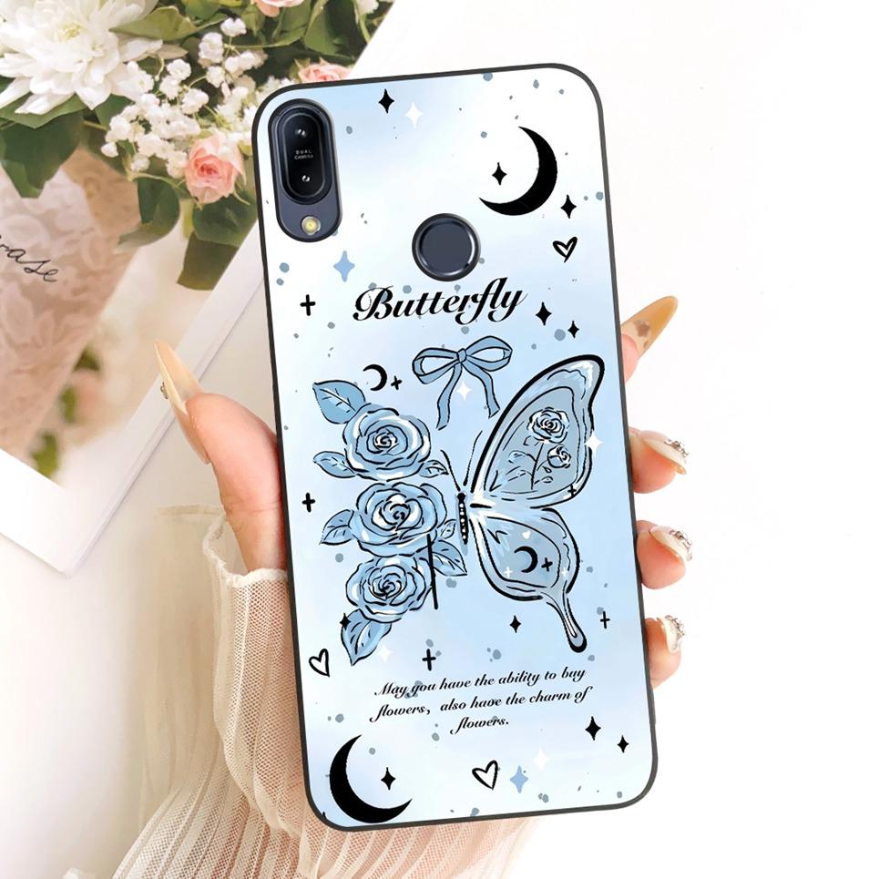 Per ASUS ZENFONE MAX PRO M2 ZB633KL ZB631 KL ZB630KL Custodia per Telefono Gatto Cartone Animato Fiore Farfalla Cover Nera in Morbido Silicone
