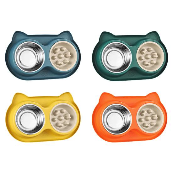 Yousheng Double Bowls Pet Feeder, Slow Feeder Bowl And Stainless Steel Bowl, Spill-Proof Anti-Slip Water And Food Bowl Set for Indoor Cats Dogs