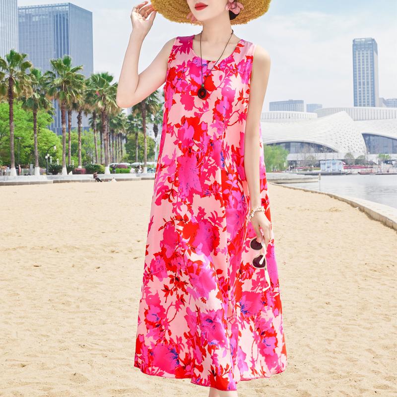 Elegant Sleeveless Dress Summer Fashion Casual Loose Vintage Print Long Dresses for Women Summer Clothes