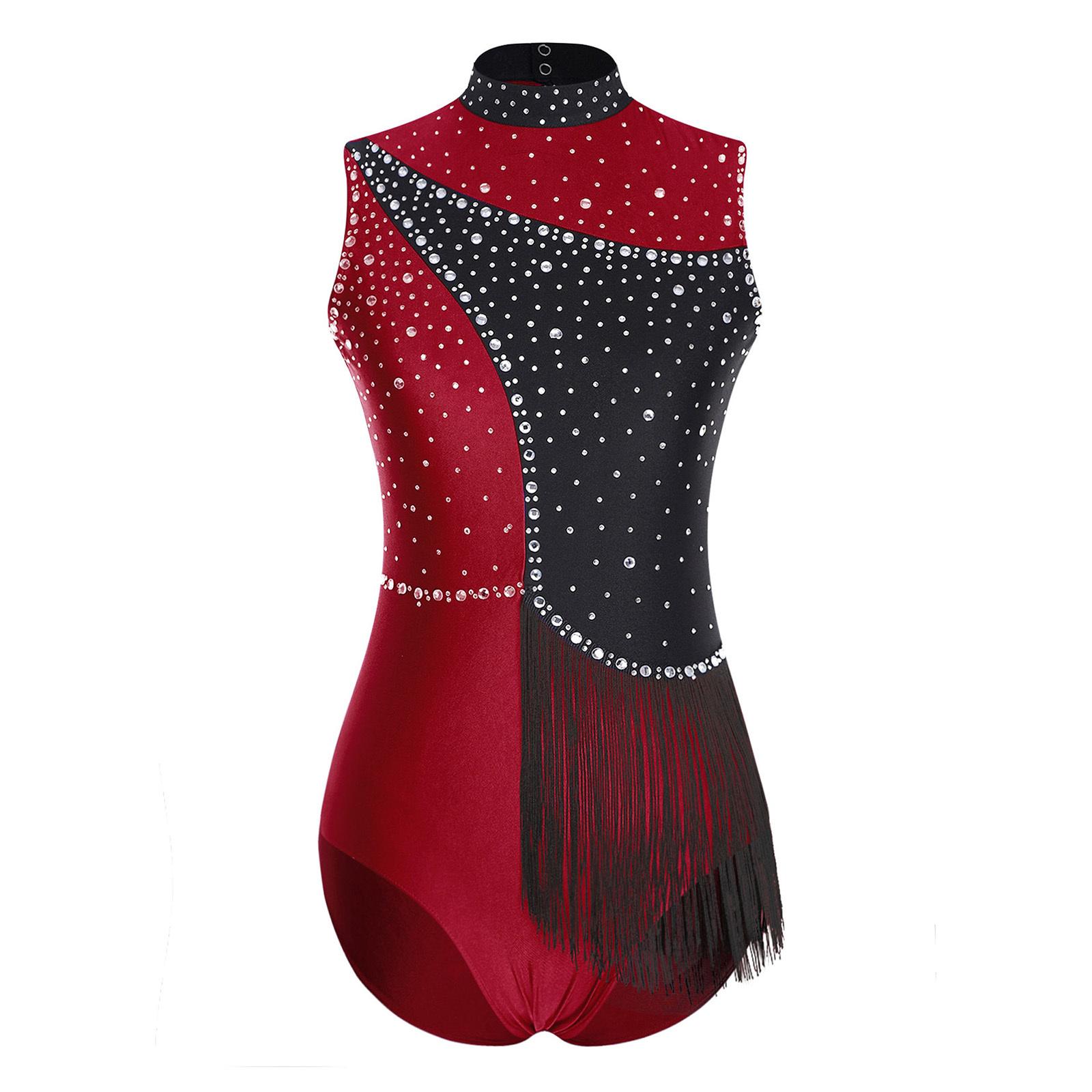 

Womens Figure Skating Bodysuit Glittery Rhinestones Back Hollow Out Tassel Waist Color Blocked Leotard S бордовий