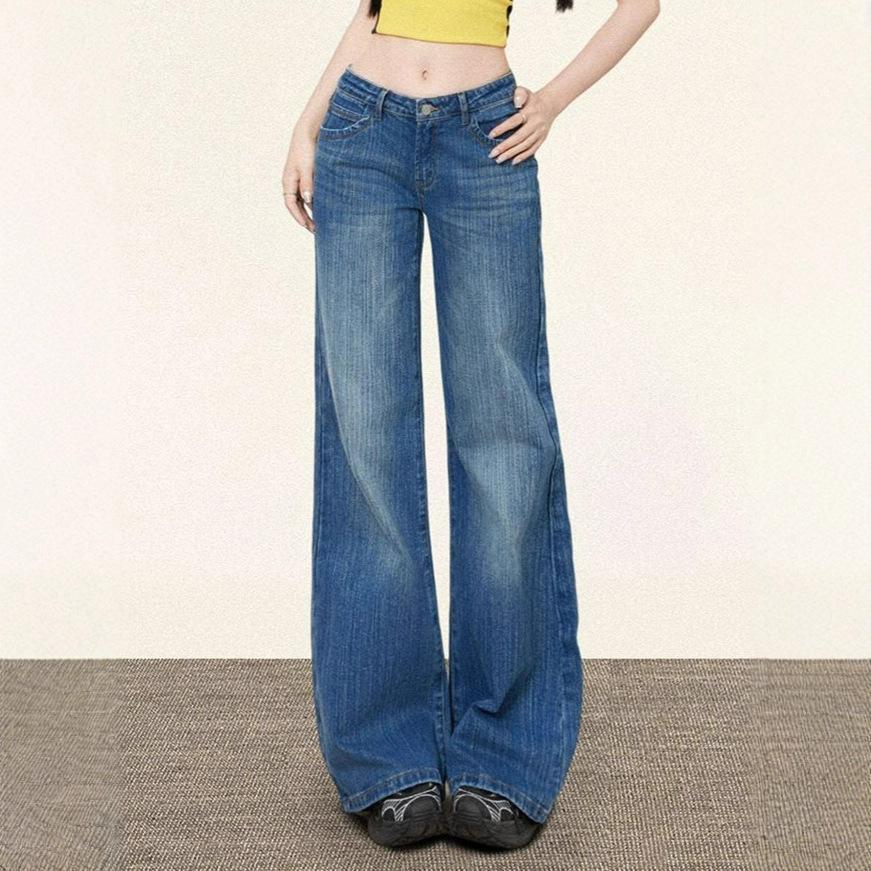 Modische Bequeme Antihaft-Jeans mit Mikro-Schlag für Damen Herbst Retro Niedrige Taille Locker Lässige Schlaghosen Jeans für Damen Lange Denim-Hose