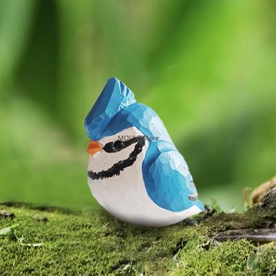Wood Carving Blue Bird Handicrafts Handmade Natural Solid Wood Bird Desktop Blue Cherry Bird Cristata Ornament Figurines Gift