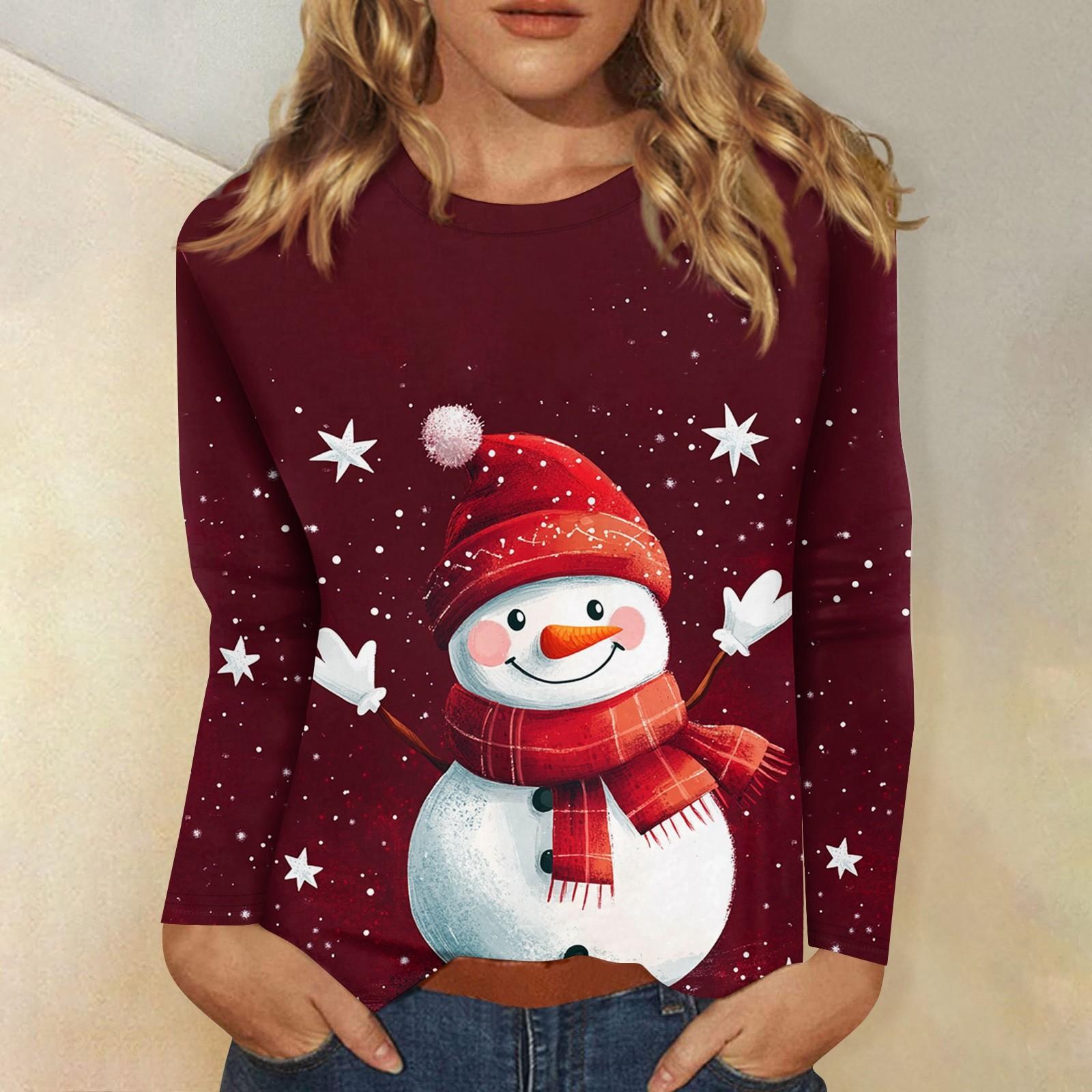 

Рубашки с длинным рукавом для женщин Милые принты Футболки Блузки Повседневные Большие размеры Базовые топы Пуловеры Рождественские XXXL