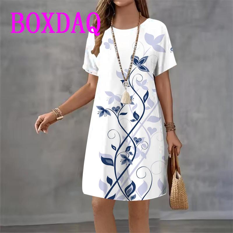 Vintage Floral Printed Women's Dress Short Sleeve O-Neck Loose Casual A-Line Dress Retro Women Summer Sundress