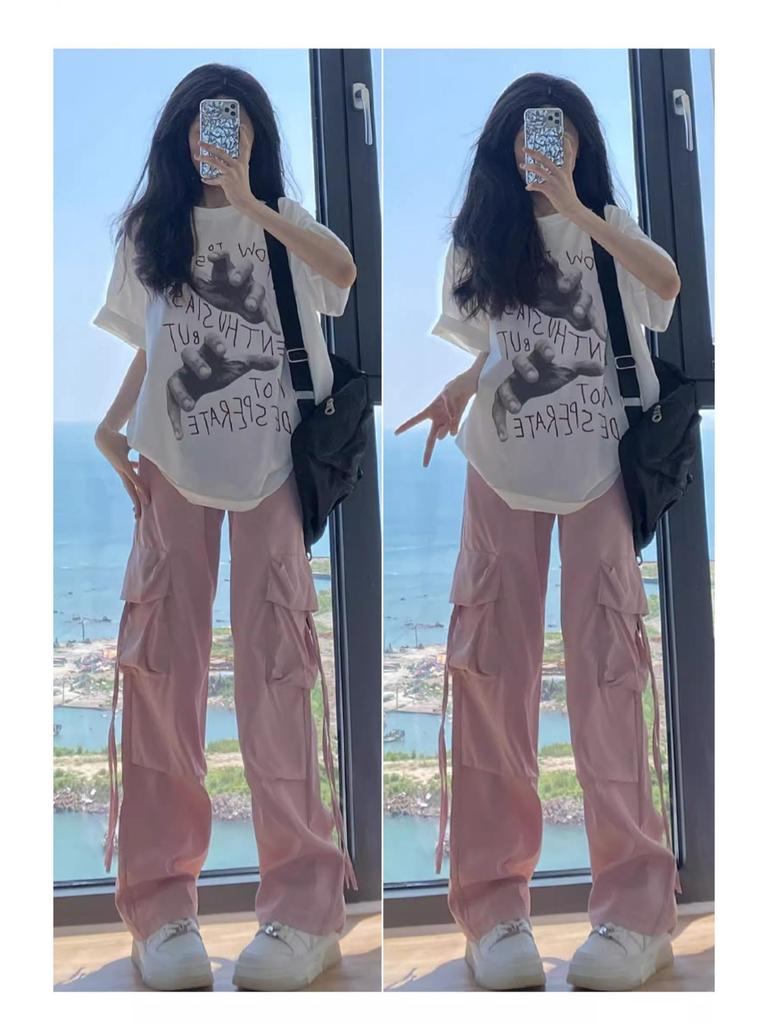 2025 Women's Petite Pink High-Waist Cargo Parachute Pants - Summer Casual Wide-Leg Drape Style
