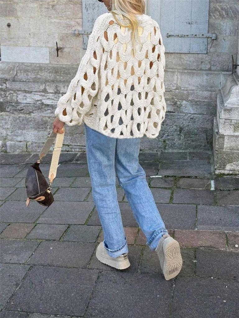 Cardigan Pulover Casual Tricotat cu Decupaje pentru Femei cu Mânecă Lungă