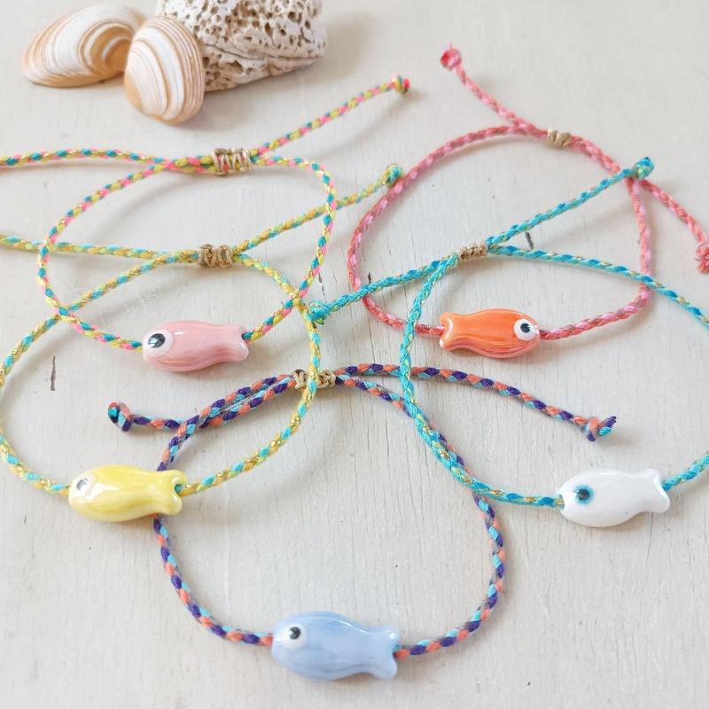 Vlen Adjustable Summer Beach Bracelet Ceramic Fish Charm Boho Style Colorful Rope Braided Handmade Jewelry Gift for Women