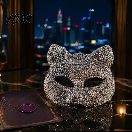 Cosplay Costume Props Full Rhinestone Halloween Mask Sparkling Skull And Cat Face Half Mask Adjustable Elastic Straps for Carnival Theme Dances Shiny