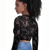 Women Summer Long Sleeve O Neck Black Mesh Perspective Bare Midriff Top T Shirt
