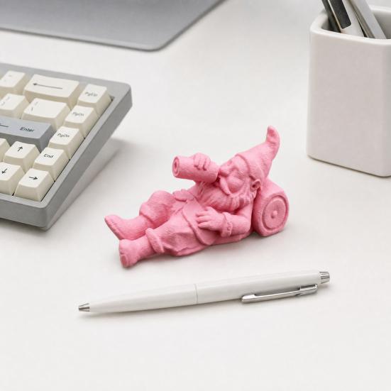 3D Printed Drunken Gnome Figurine, Lying Drinking Dwarf Statue, Matte Pink Decor Ornament with Clear Texture, Stable Base for Garden Flower Pot Desk