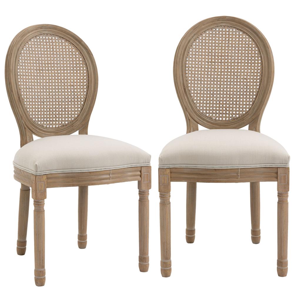 Set of 2 Living Room Chairs in Vintage Style with Openwork Backrest, in Wood and Fabric, 49x56x96cm, Cream White