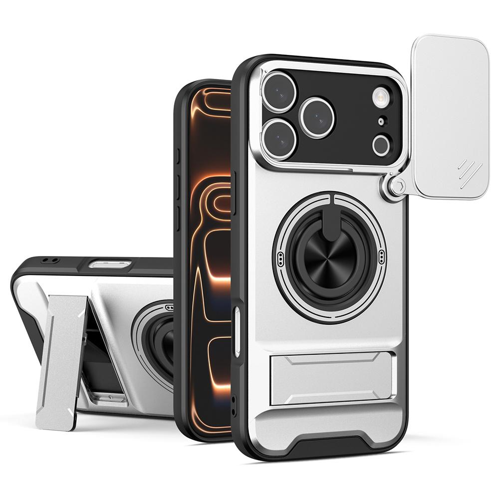 For iPhone 17 Pro Case Compatible with MagSafe Ring Holder Foldable Kickstand TPU PC Phone Cover with Camera Lens Slider
