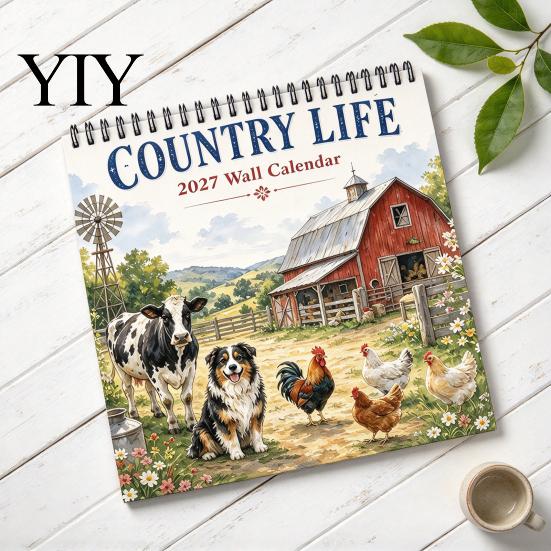 Family Schedule Planner Country Life 2027 Wall Calendar, Jan 2027- Dec 12 Retro Style Art Monthly Planner, Farm Animals Hanging Calendar for