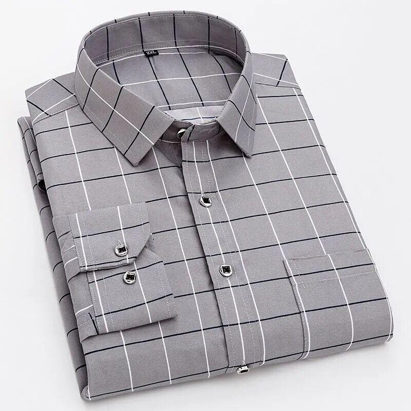 Mens Dress Shirts Striped Long Sleeve Plaid Checked Shirt Smart Casual Business Non-Ironing Korean Slim Fit Formal Blue White