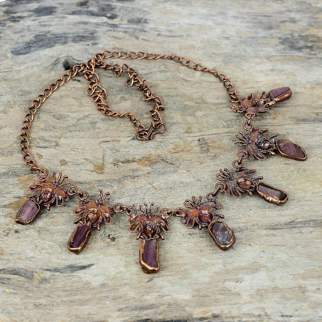 Pink tourmaline rough necklace electroformed copper necklace adjustable chain necklace honey bee necklace natural gemstone handmade jewelry