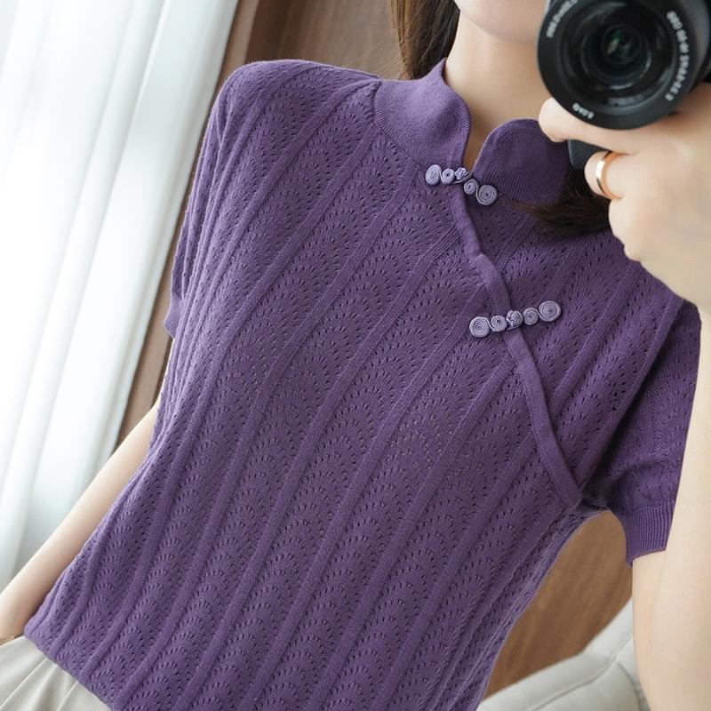 Soft New Chinese Hollow Stand Collar Pure Cotton Base Shirt for Women Short-sleeved Summer New Style Knitted T-shirt Top