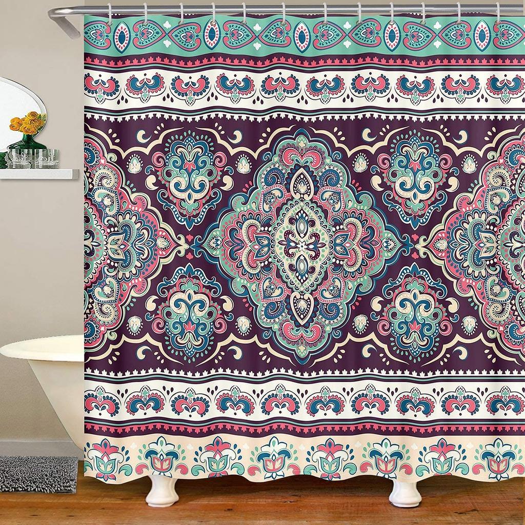 Antique Shower Curtain,Victorian Style Medieval Motifs With Classic Baroque Oriental Shapes,Cloth Fabric Bathroom Set With Hooks