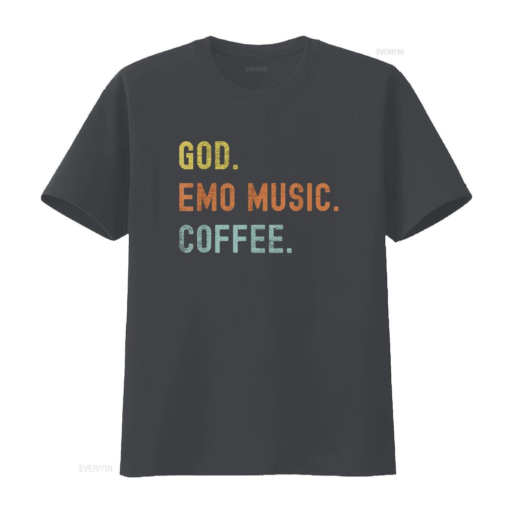 Vintages Emo Music And Coffee Distressed T Shirt vintage Washed Soft Breathable Stylish Versatile Unisex homme Casual Stretched