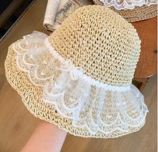Pearl straw hat summer travel sunscreen sunshade bucket hat new straw seaside vacation net red hat