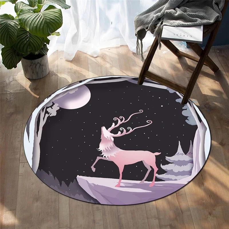 Forest Deer Round Carpet Soft Cartoon Rug Non-Slip Circle Floor Mat for Living Room Bedroom Sofa Bathroom Children's Dorm Decor