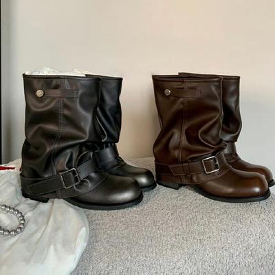New Spot Wasteland Style Trendy Spice Girls Pants Pants Boots Pleated Buckle Band Thick Heel Short Boots Women's Vintage British Western Cattle
