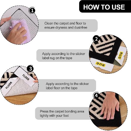 Rug Gripper for Hardwood Floors Non Silp Rug Corner Grippers Carpet Tape for Area Rugs Reble and Washable Rug Tape Hardwood Floor No Damage 4 Pcs