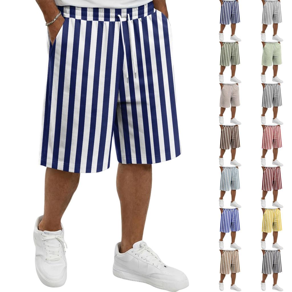 Mens Casual Striped Drawstring Shorts Relaxed Fit Elastic Waistband Lightweight Breathable Fabric Knee Length Pants